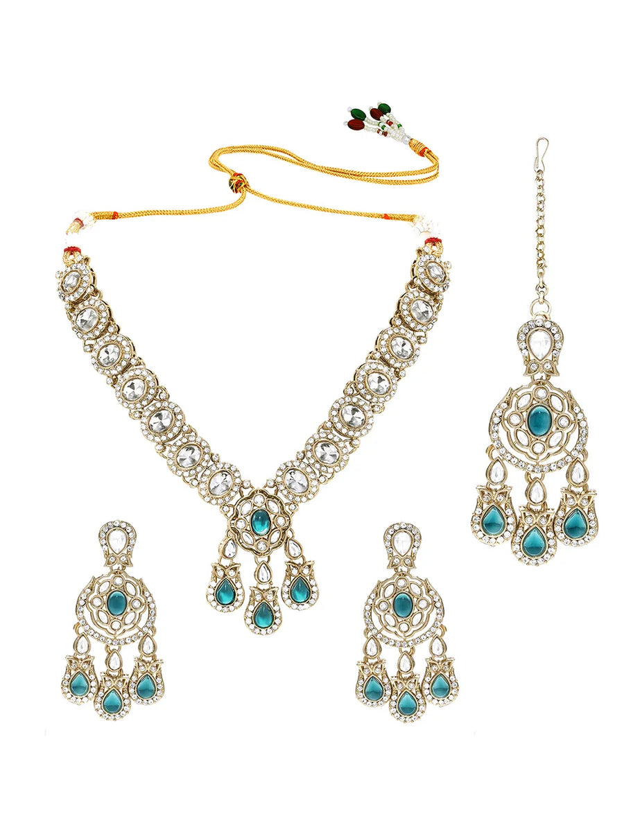 Gold Plated Kundan Green Drop Necklace Set