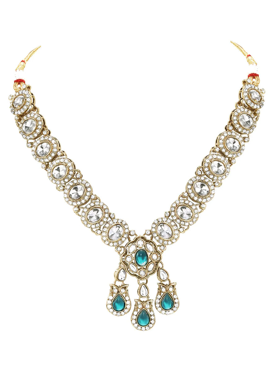 Gold Plated Kundan Green Drop Necklace Set