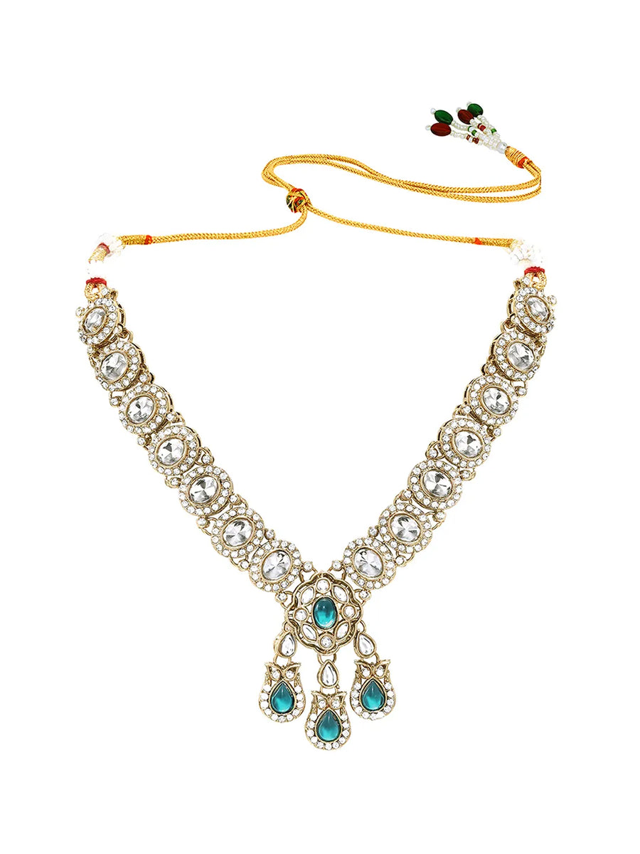 Gold Plated Kundan Green Drop Necklace Set