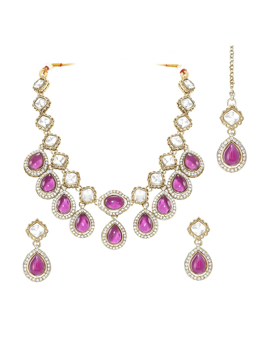 Gold Plated Purple Kundan Wedding Necklace Set