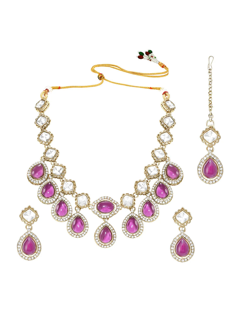 Gold Plated Purple Kundan Wedding Necklace Set