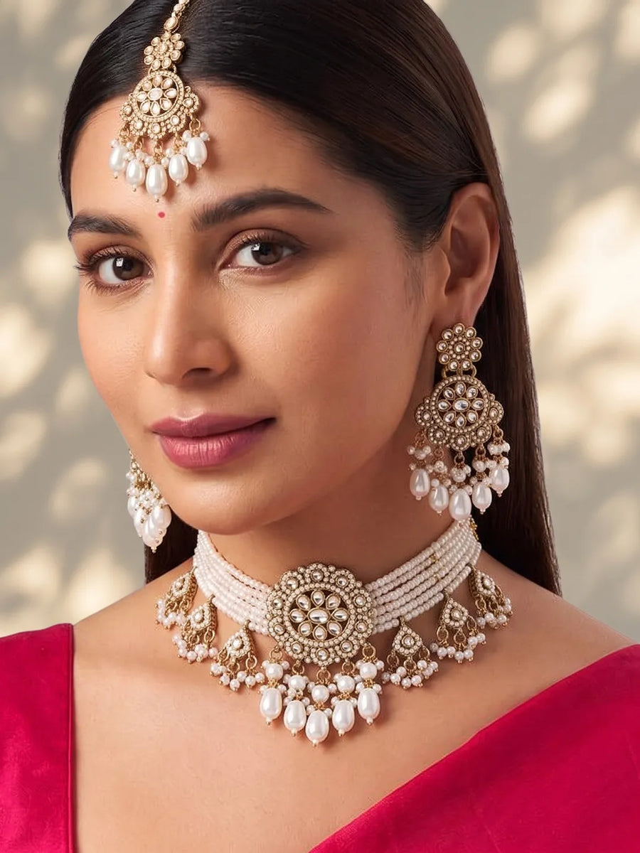 Gold Plated Kundan Pearl Grand Necklace Set