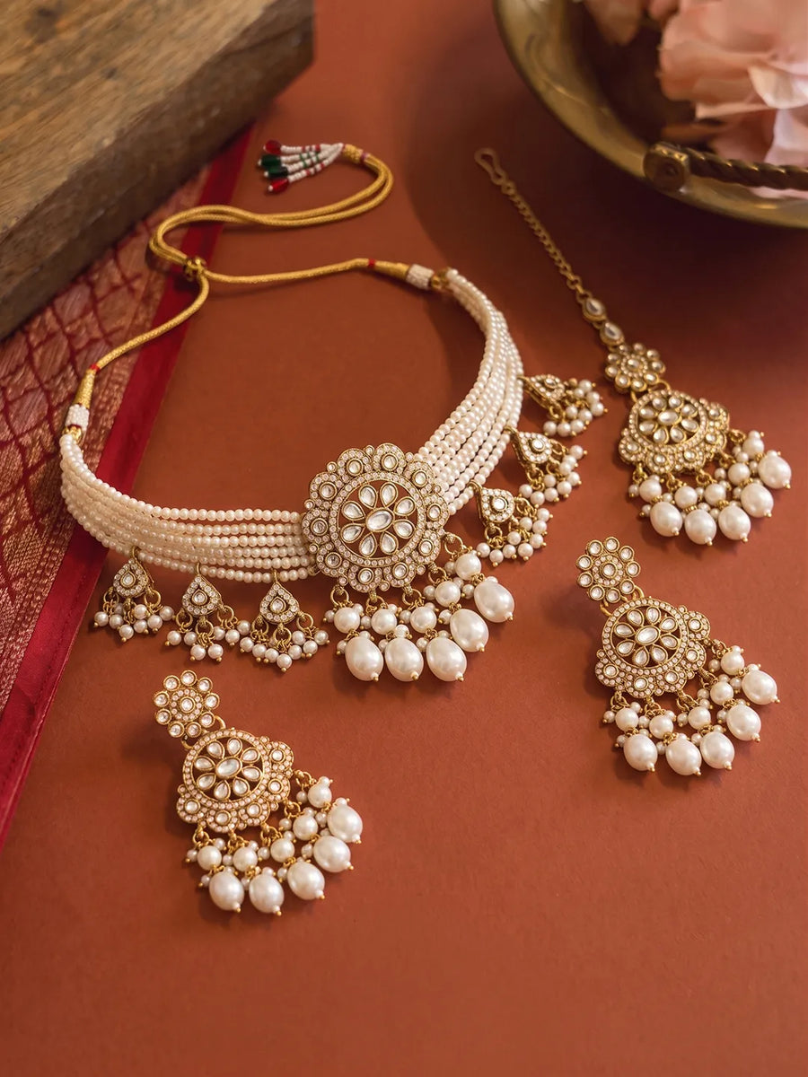 Gold Plated Kundan Pearl Grand Necklace Set