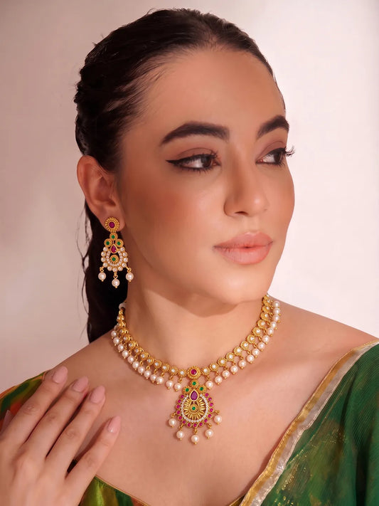 Gold Plated Red Green Pearl Necklace Set