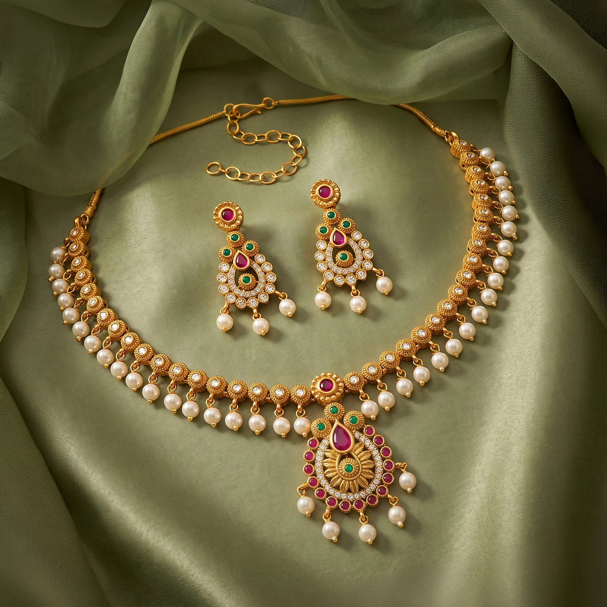 Gold Plated Red Green Pearl Necklace Set