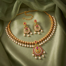 Gold Plated Red Green Pearl Necklace Set