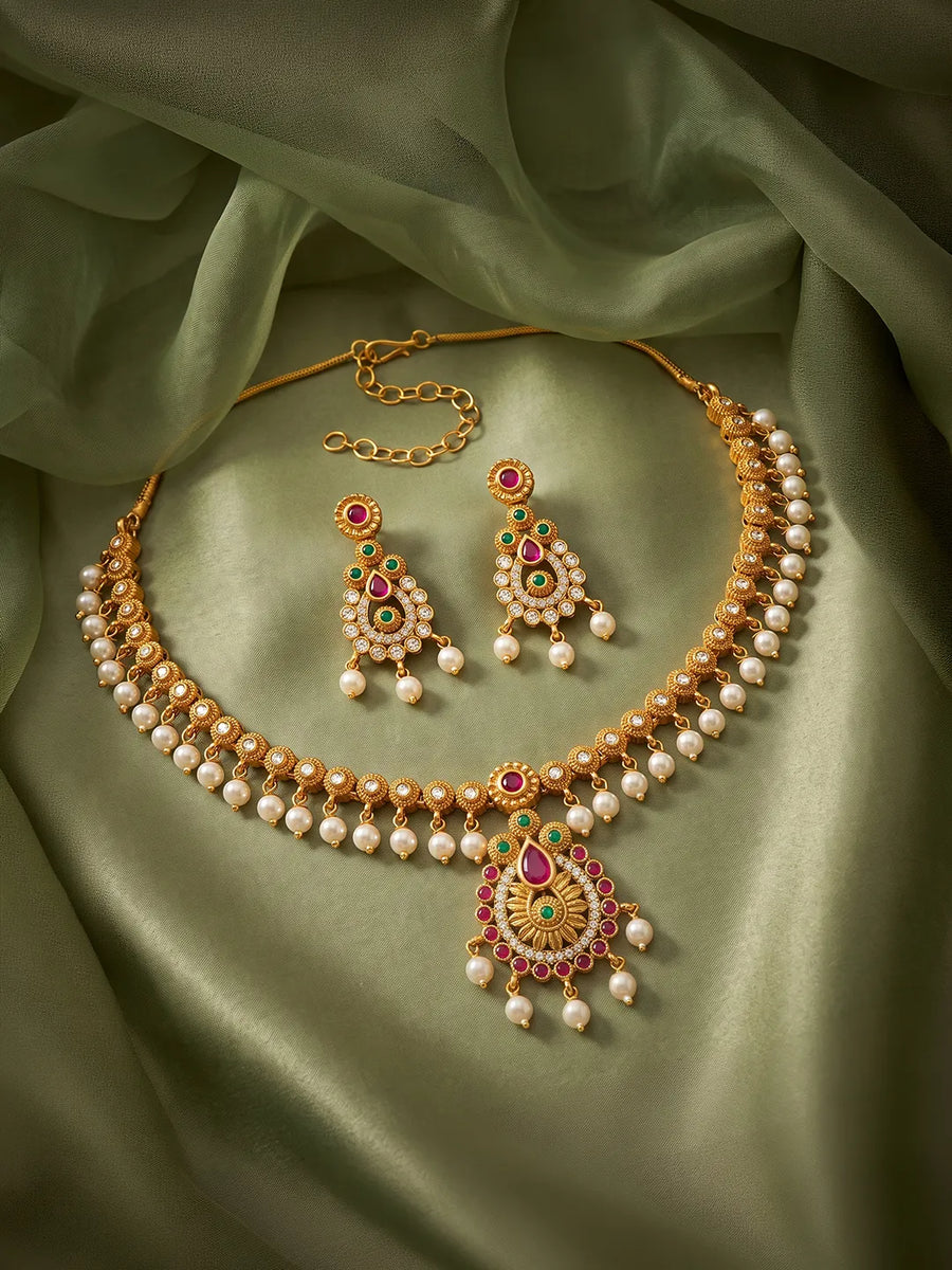 Gold Plated Red Green Pearl Necklace Set