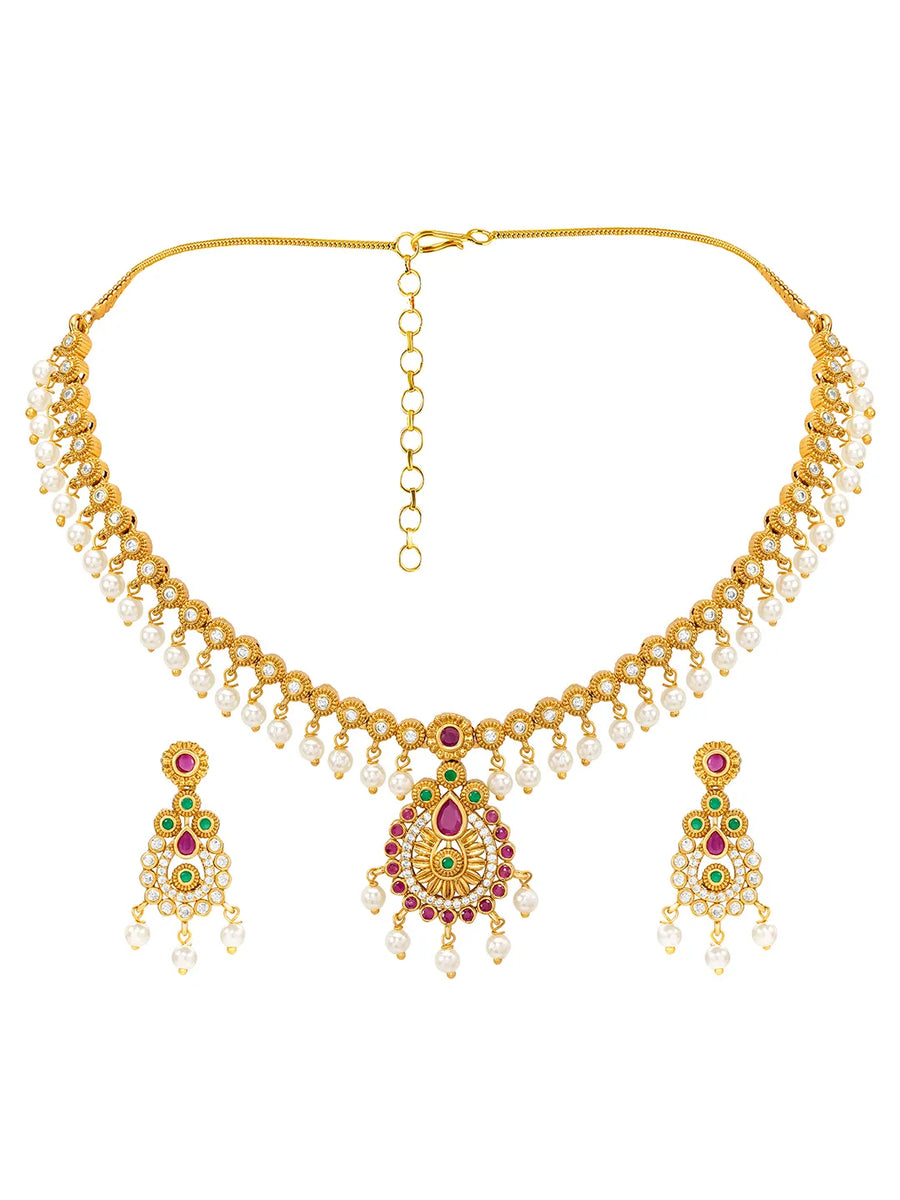 Gold Plated Red Green Pearl Necklace Set