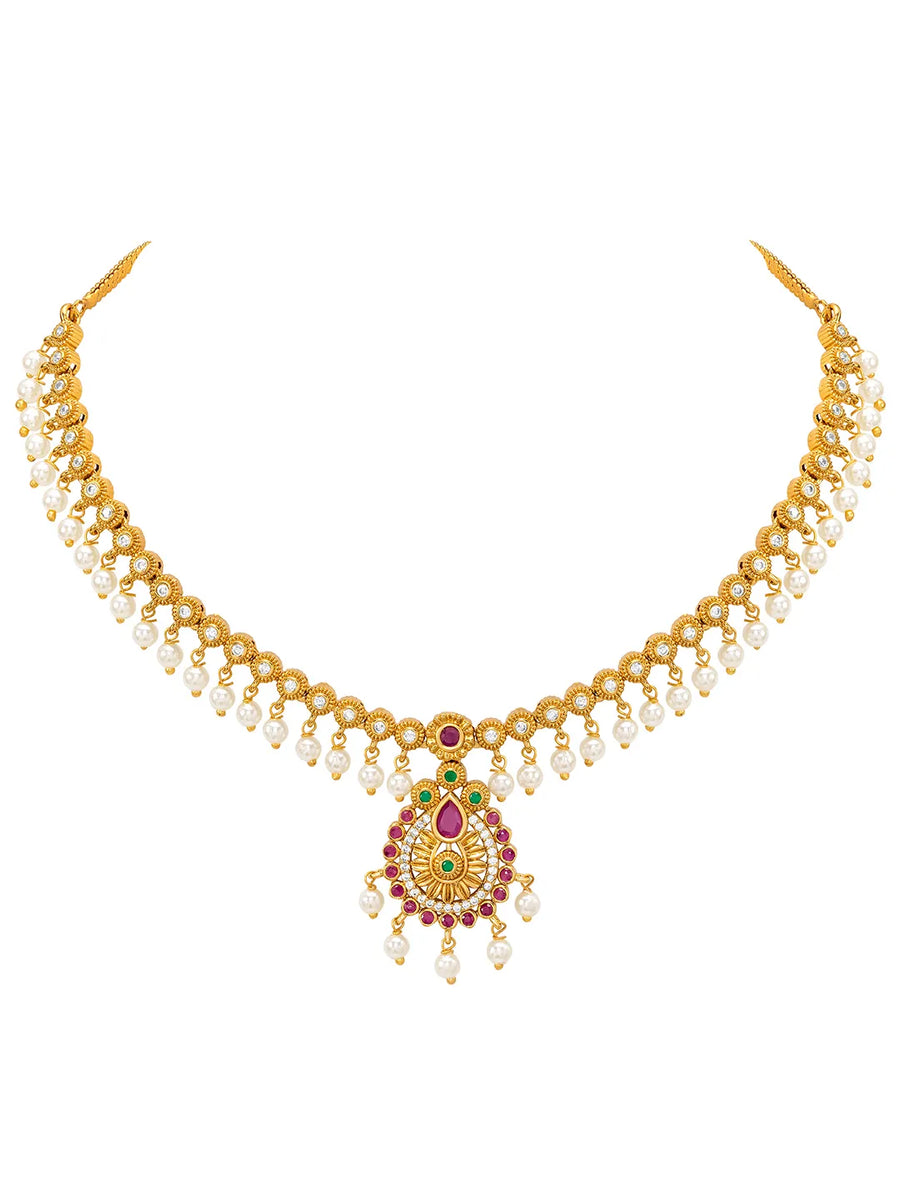 Gold Plated Red Green Pearl Necklace Set