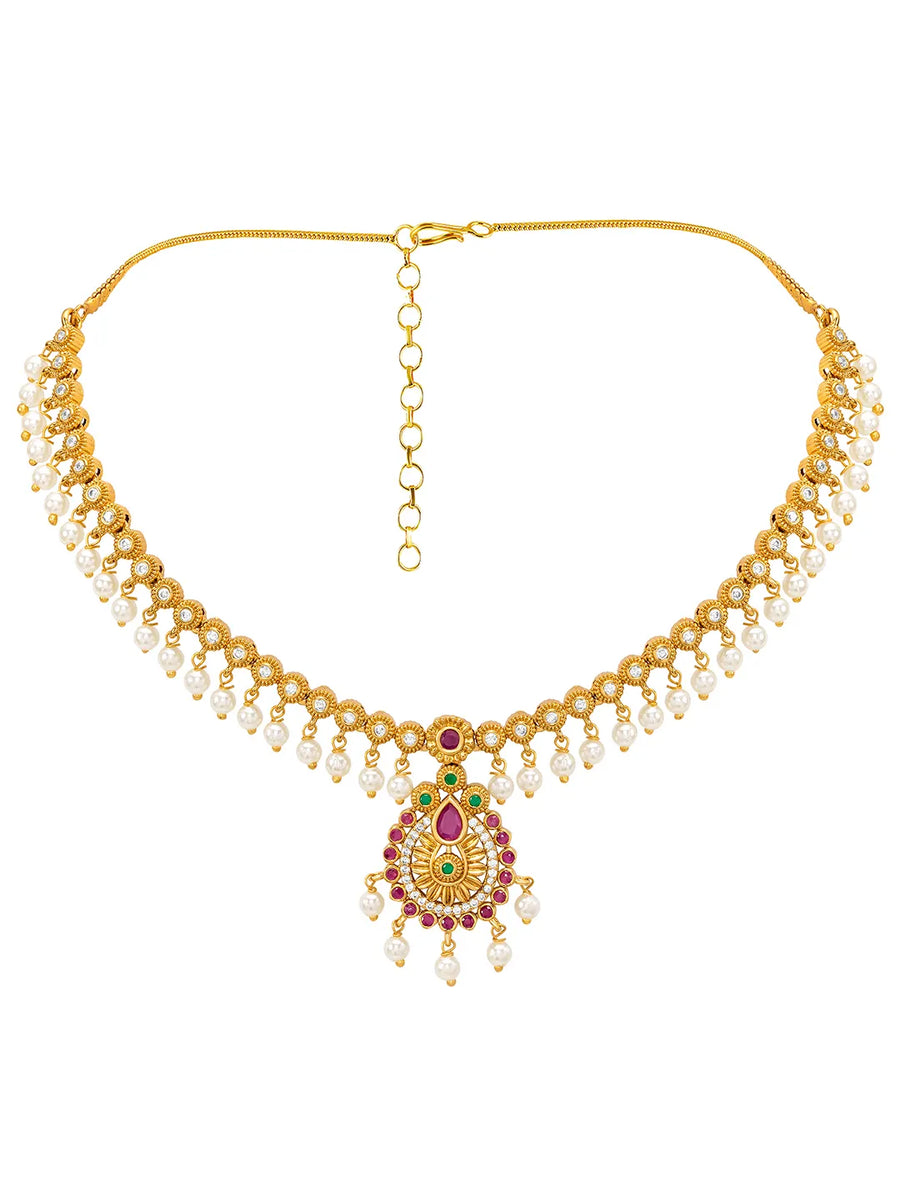 Gold Plated Red Green Pearl Necklace Set