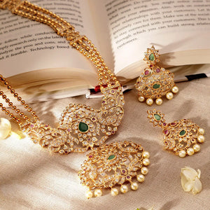 Gold Plated Red Green Kundan Pearl Necklace Set