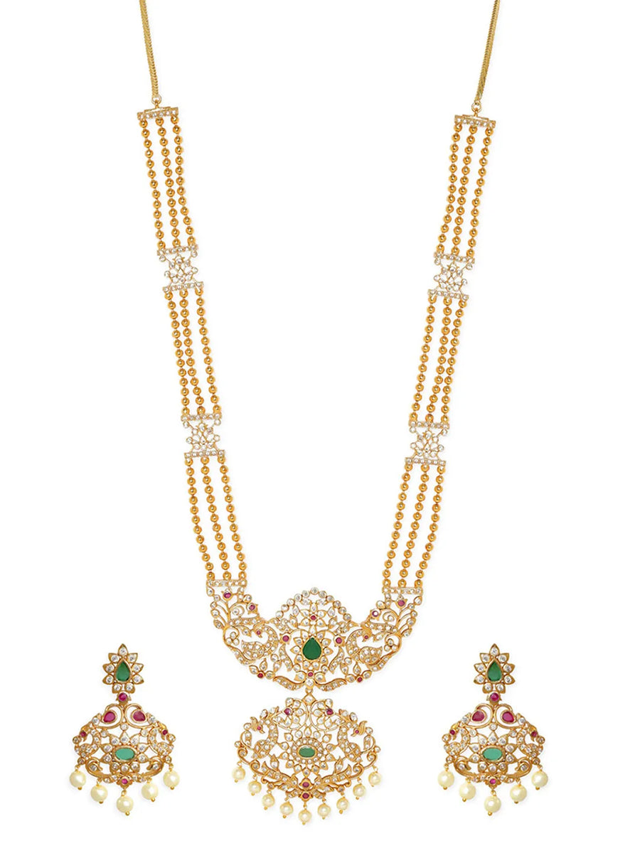 Gold Plated Red Green Kundan Pearl Necklace Set