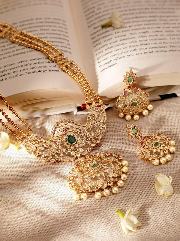 Gold Plated Red Green Kundan Pearl Necklace Set