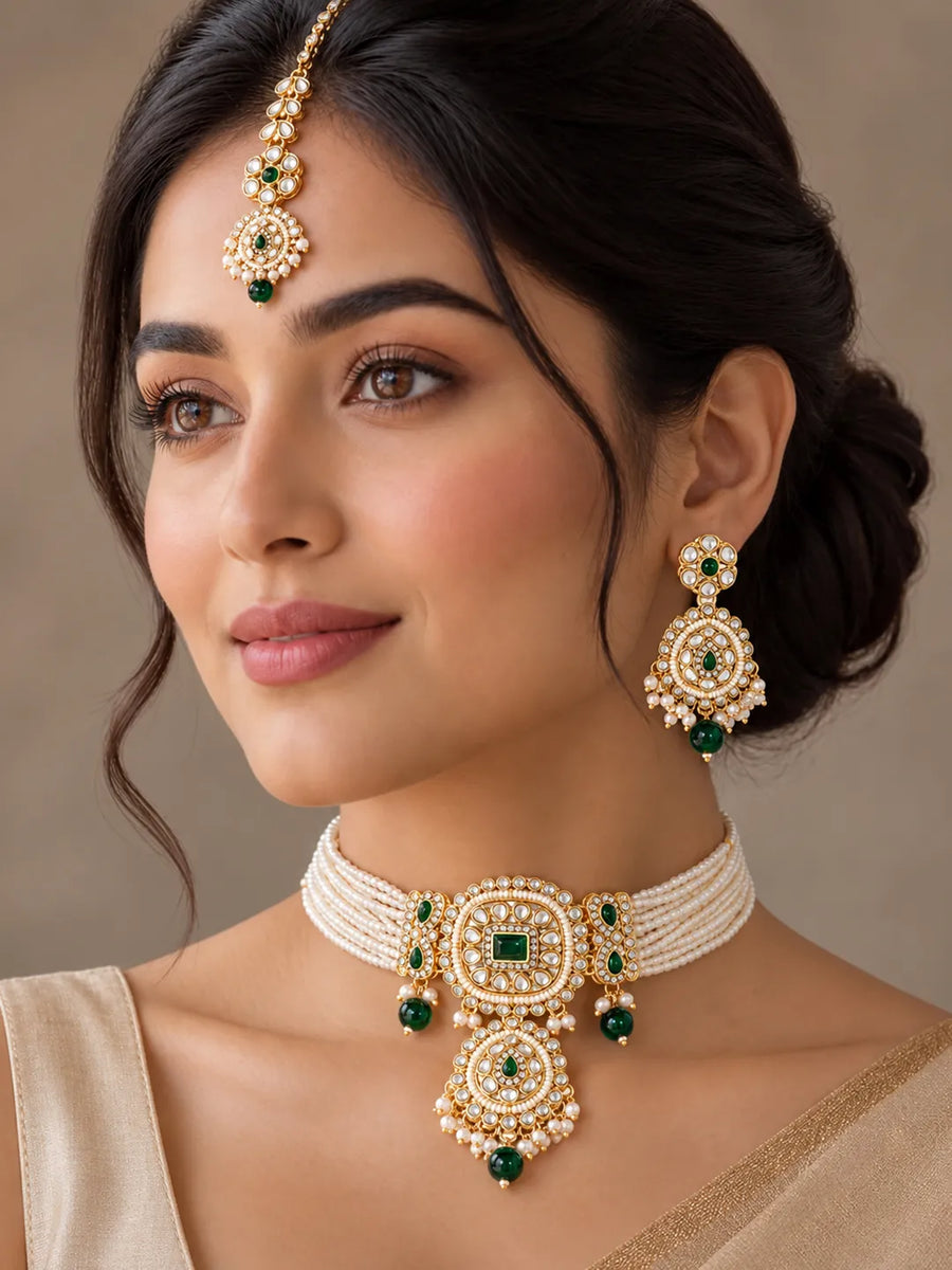 Gold Plated Green Crystal Bead Bridal Set