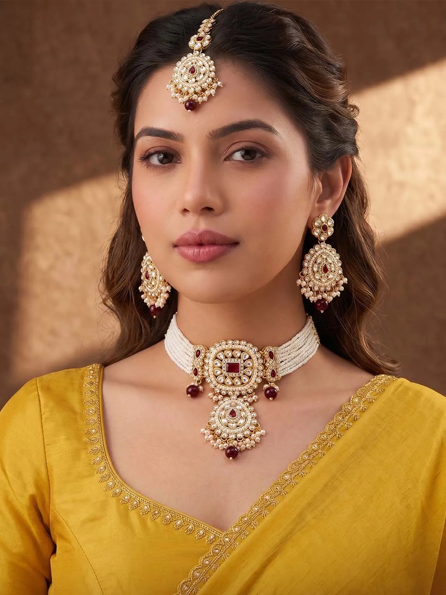 Kundan Ruby Pearl Choker Jewellery Set for Women