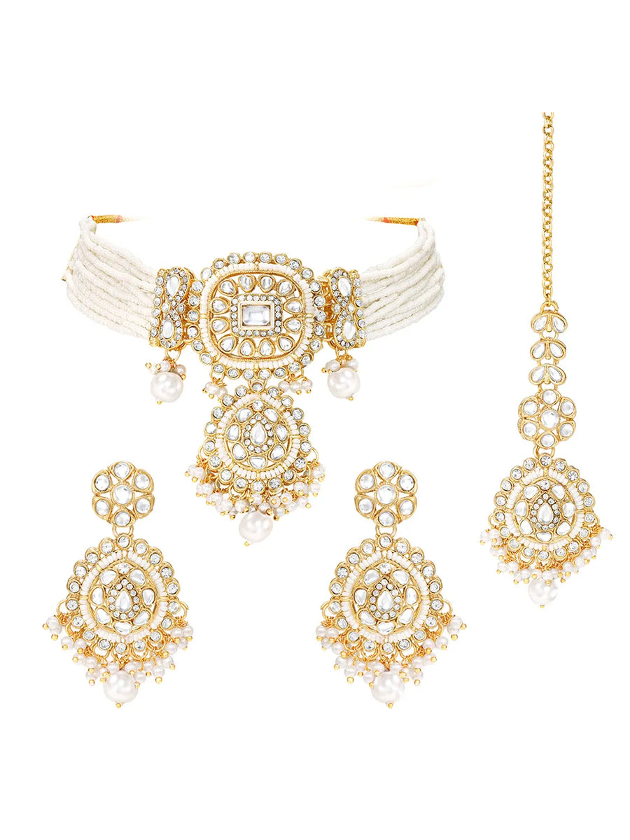 Kundan White Pearl Choker Jewellery Set for Women