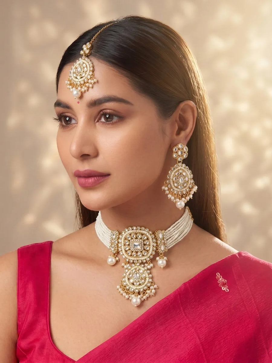Kundan White Pearl Choker Jewellery Set for Women