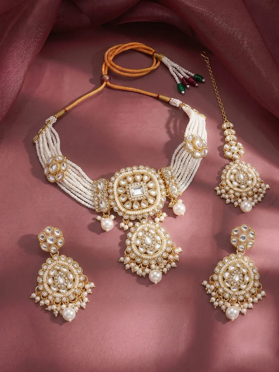 Kundan White Pearl Choker Jewellery Set for Women