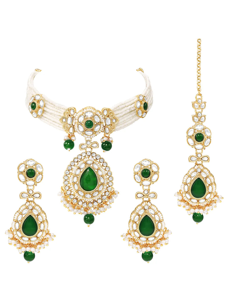 Gold Plated Royal Pearl Kundan Green Choker set