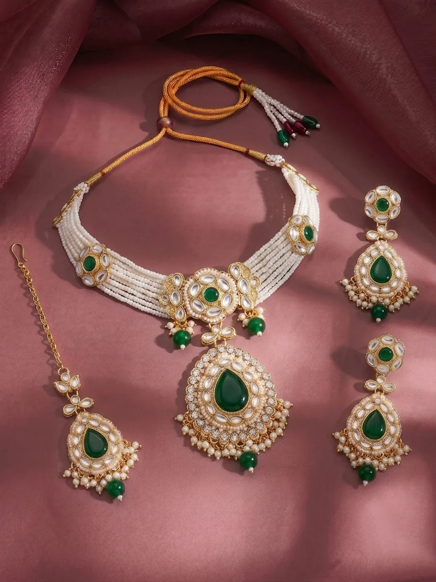Gold Plated Royal Pearl Kundan Green Choker set