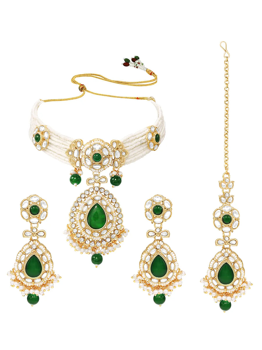 Gold Plated Royal Pearl Kundan Green Choker set