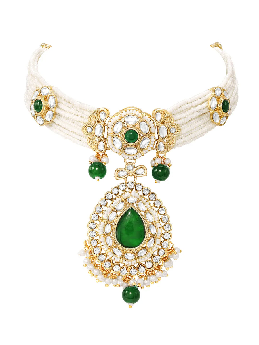 Gold Plated Royal Pearl Kundan Green Choker set