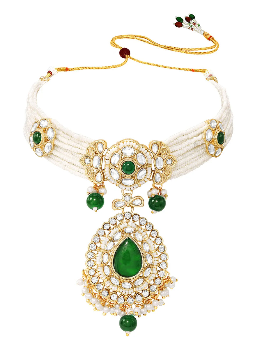 Gold Plated Royal Pearl Kundan Green Choker set