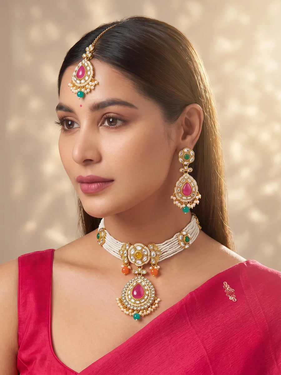 Gold Plated Royal Kundan Multi colour Choker set