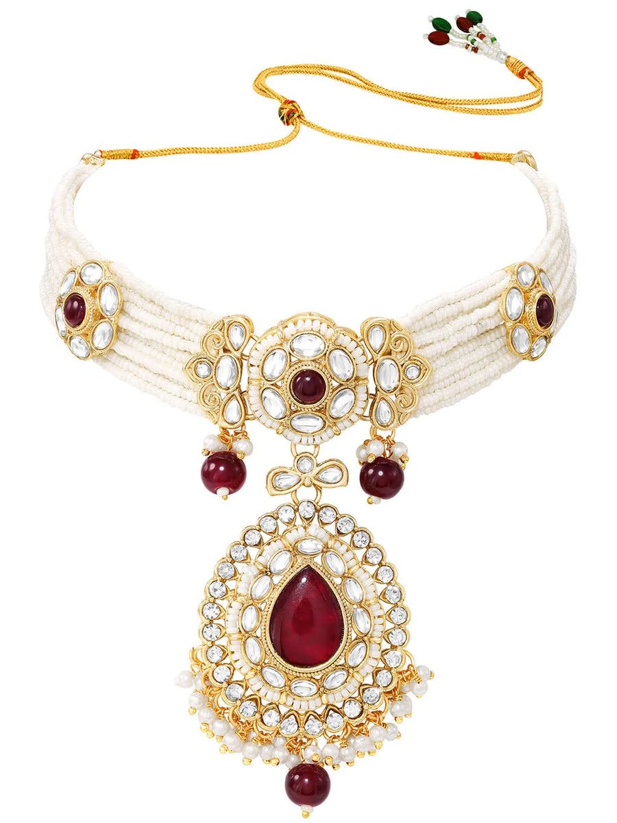 Gold Plated Royal Pearl Kundan Maroon Choker set