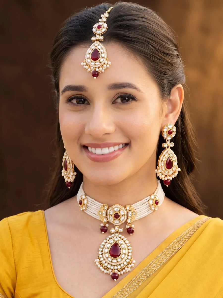 Gold Plated Royal Pearl Kundan Maroon Choker set