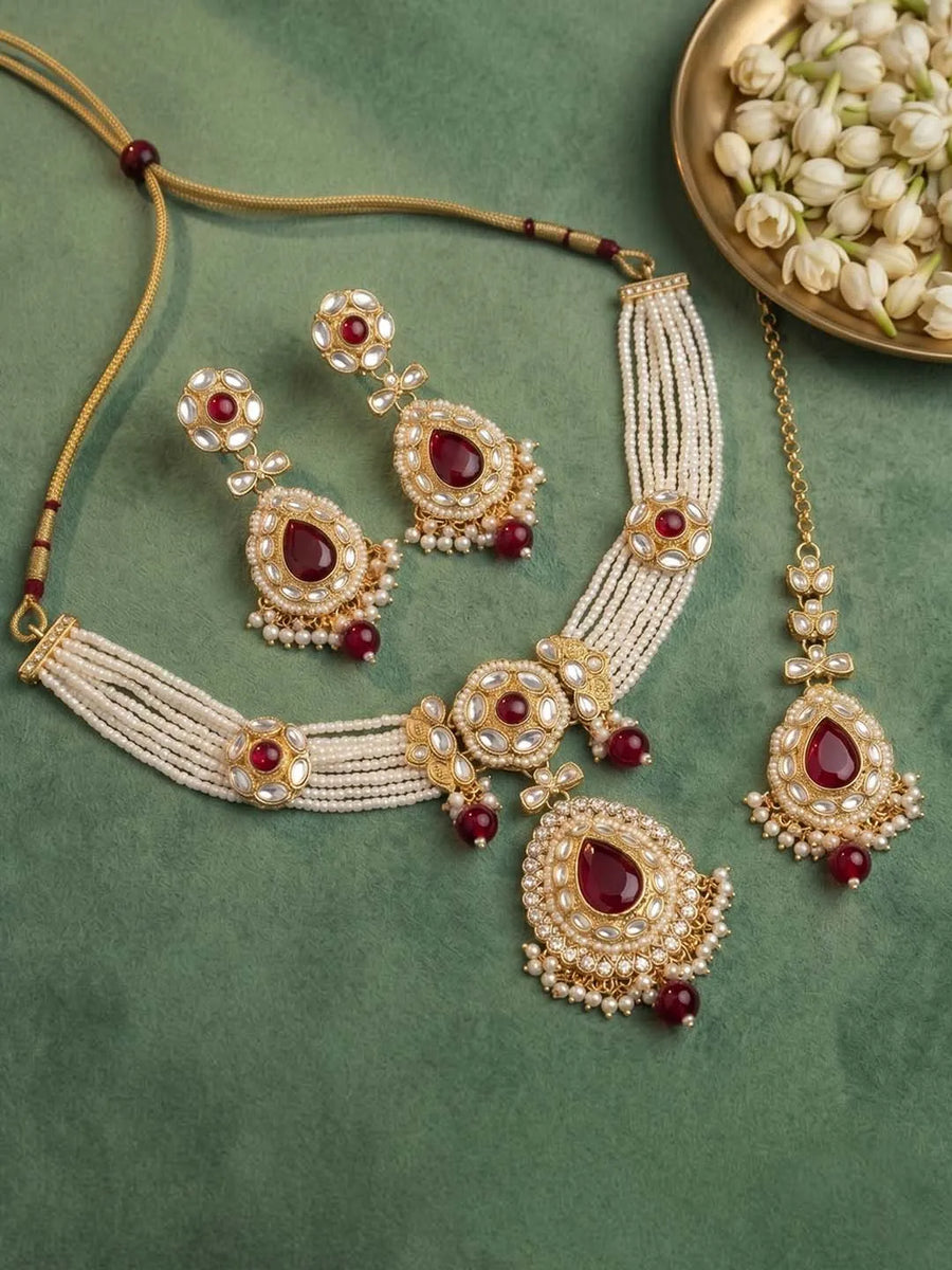 Gold Plated Royal Pearl Kundan Maroon Choker set