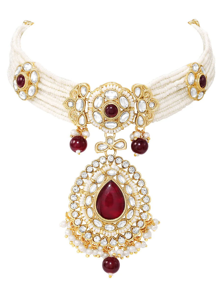 Gold Plated Royal Pearl Kundan Maroon Choker set
