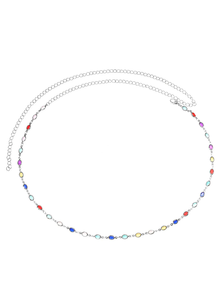 Rhodium Plated Rainbow Gemstone Belly Chain