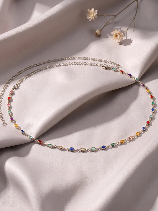 Rhodium Plated Rainbow Gemstone Belly Chain