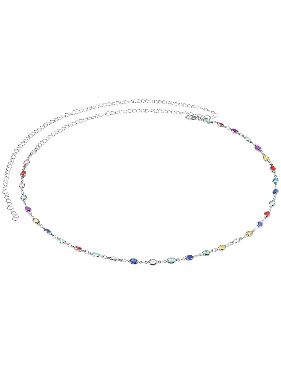Rhodium Plated Rainbow Gemstone Belly Chain