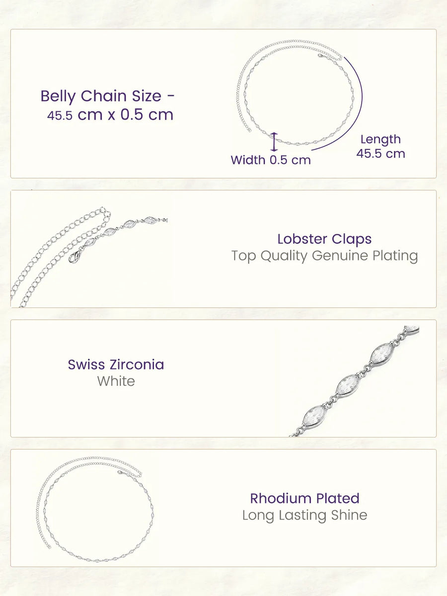 Rhodium Plated Marquise Crystal Belly Chain