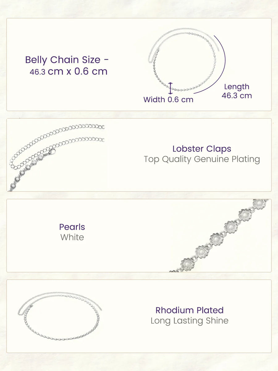 Rhodium Plated Pearl Rosette Belly Chain