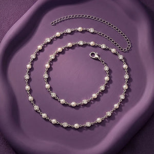 Rhodium Plated Pearl Crystal Belly Chain