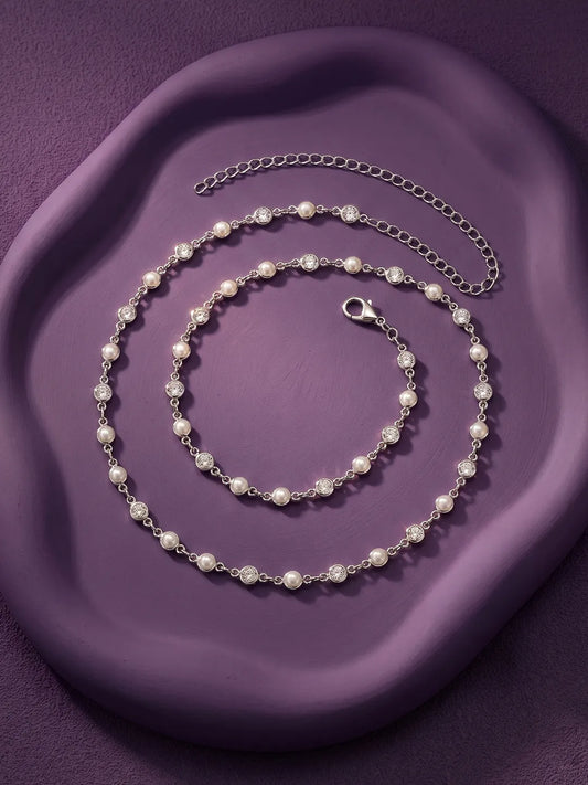 Rhodium Plated Pearl Crystal Belly Chain