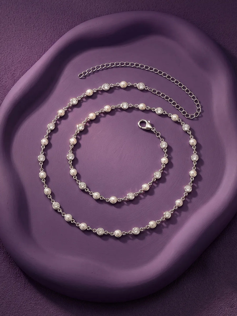 Rhodium Plated Pearl Crystal Belly Chain