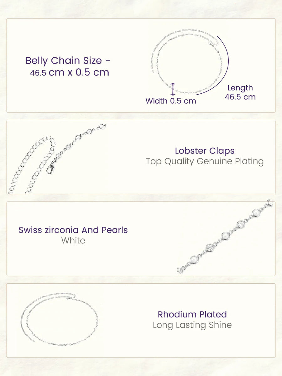 Rhodium Plated Pearl Crystal Belly Chain
