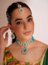Gold Plated Blue Beaded Kundan Choker Set