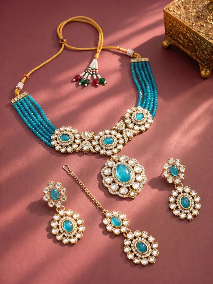 Gold Plated Blue Beaded Kundan Choker Set