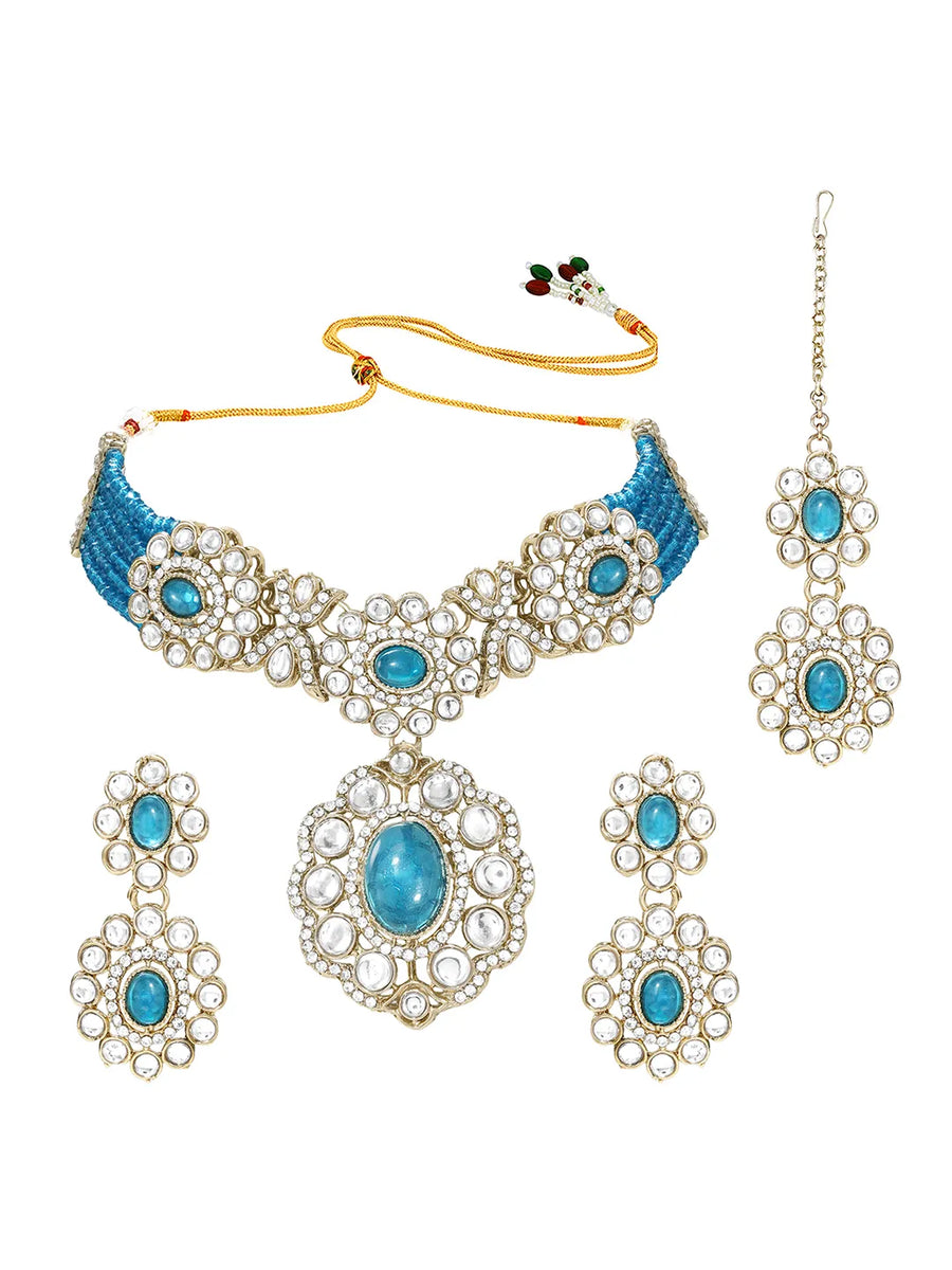 Gold Plated Blue Beaded Kundan Choker Set
