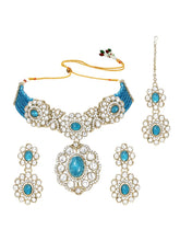 Gold Plated Blue Beaded Kundan Choker Set