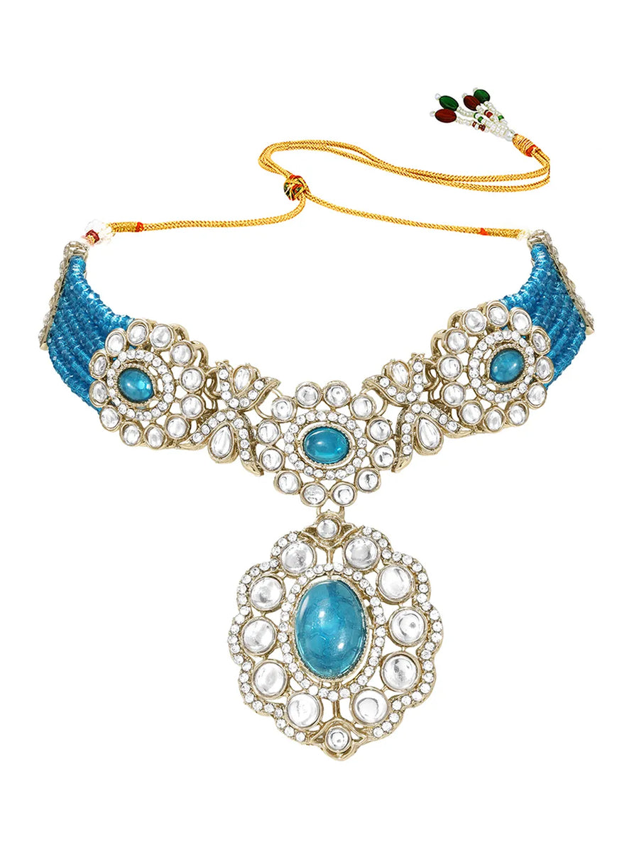 Gold Plated Blue Beaded Kundan Choker Set