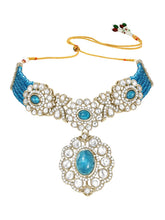 Gold Plated Blue Beaded Kundan Choker Set