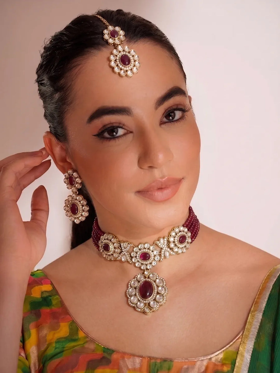 Gold Plated Maroon Beaded Kundan Choker Set