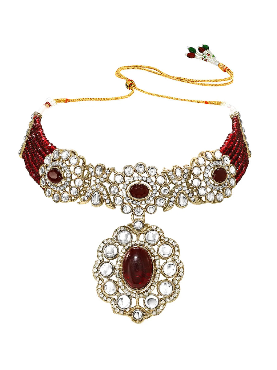 Gold Plated Maroon Beaded Kundan Choker Set