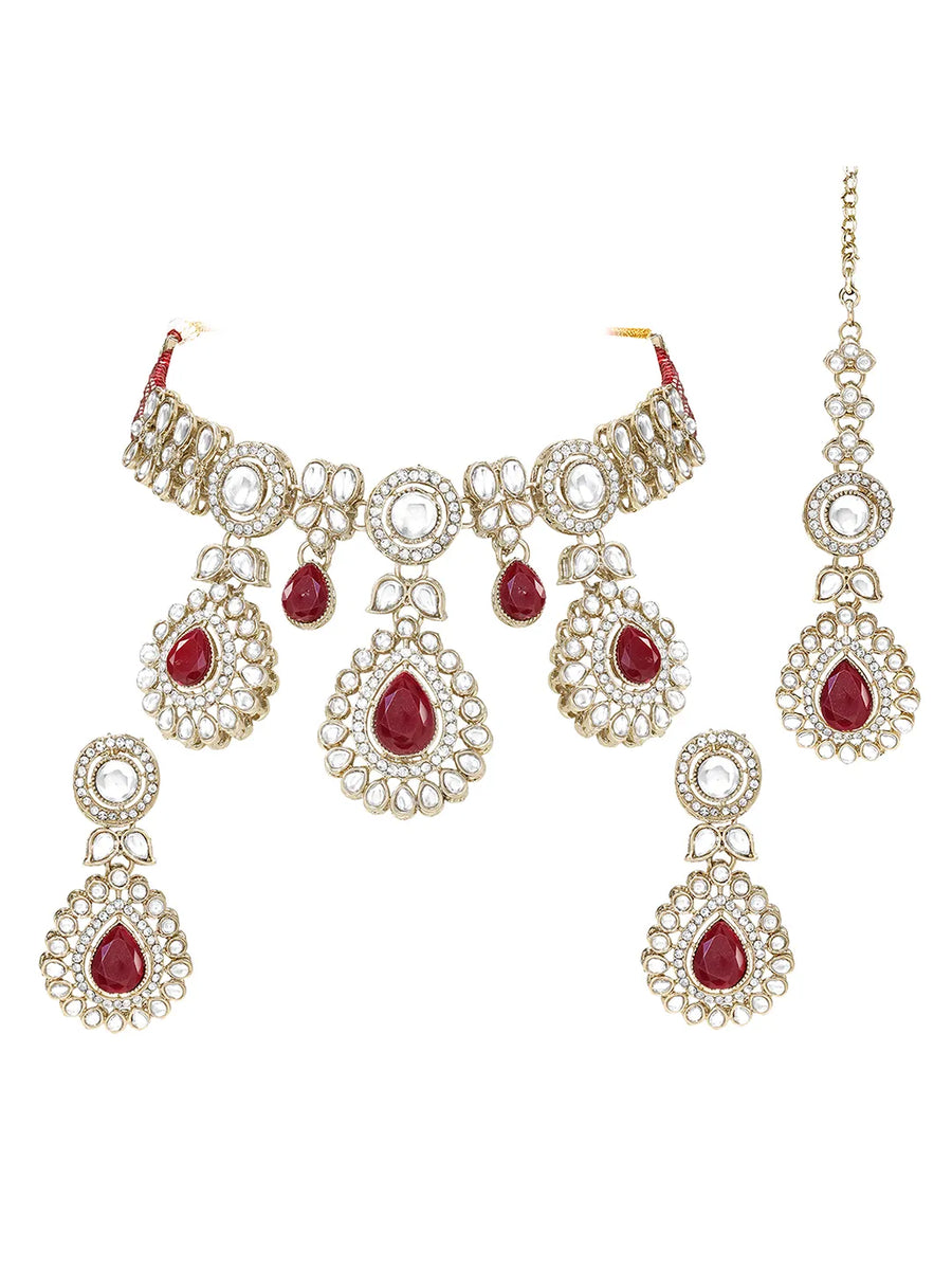 Gold Plated Maroon Drop Kundan Necklace Set